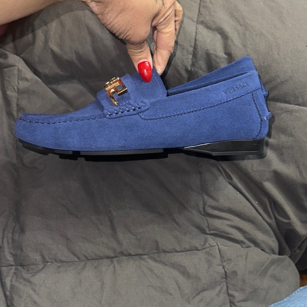 Versace Blue and Gold Loafers with Decorative Hardware - Picture 2 of 6
